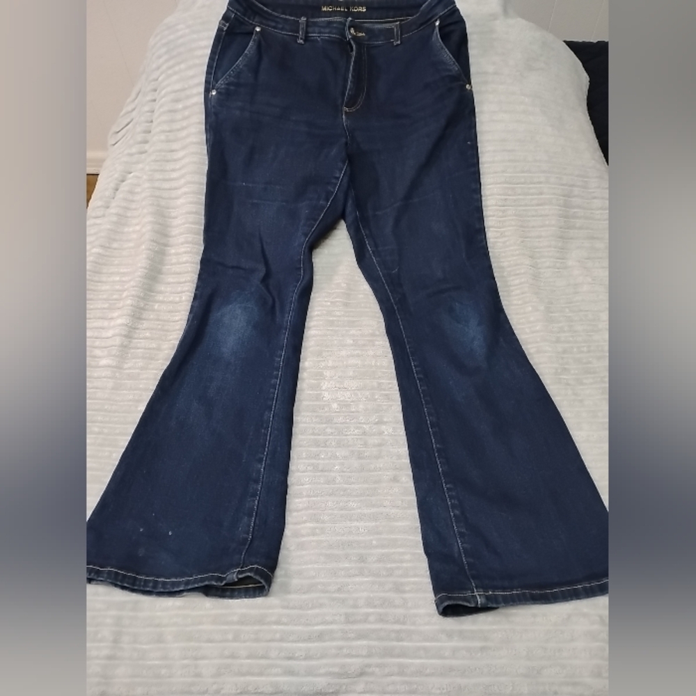 MICHAEL KORS Flare Leg Mid Rise Jeans MK logo Dark Wash Blue, Sz 10